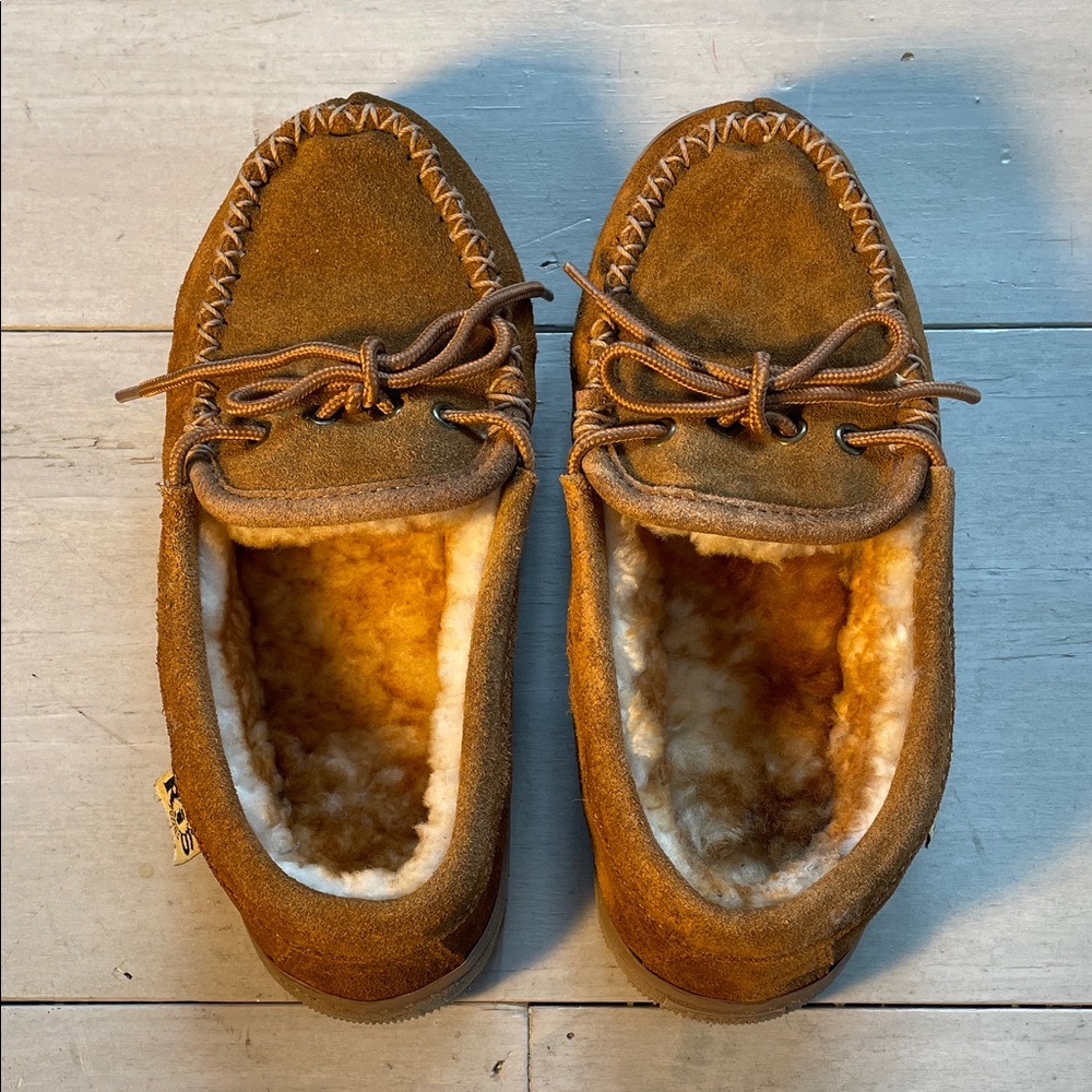 Women's Suede Leather Sheepskin Lined Tie Slip On Brown Moccasin Slippers Size 7